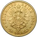 Монета 20 марок 1884 J Гамбург Германия