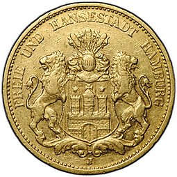 фото для Монета 20 марок 1884 J Гамбург Германия Аверс
