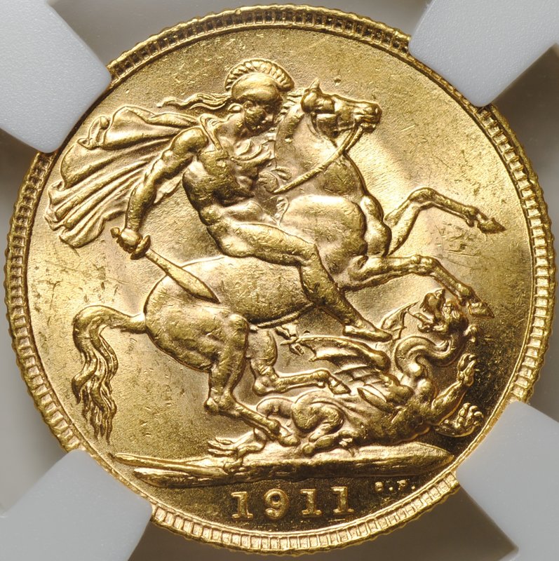 Монета 1 соверен (фунт) 1911 Великобритания слаб ННР MS 60