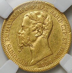 фото для Монета 20 лир 1858 P Генуя Сардиния слаб ННР AU 55 Аверс