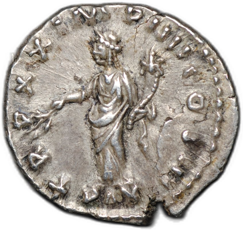Монета Денарий 166 Марк Аврелий Пакс Римская Империя