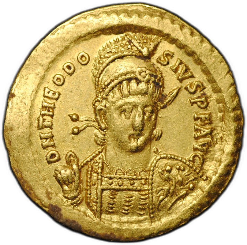 Монета Солид 425-429 Феодосий II и Валентиниан III на троне Византия Восточная Римская империя