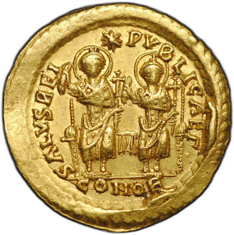 Монета Солид 425-429 Феодосий II и Валентиниан III на троне Византия Восточная Римская империя