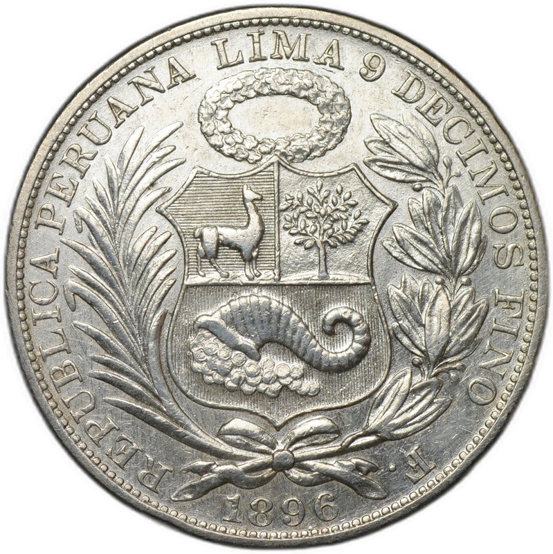 Монета 1 соль 1896 F. Перу