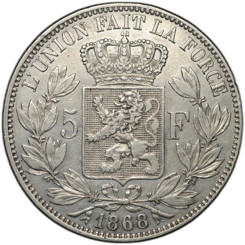 Монета 5 франков 1868 Бельгия