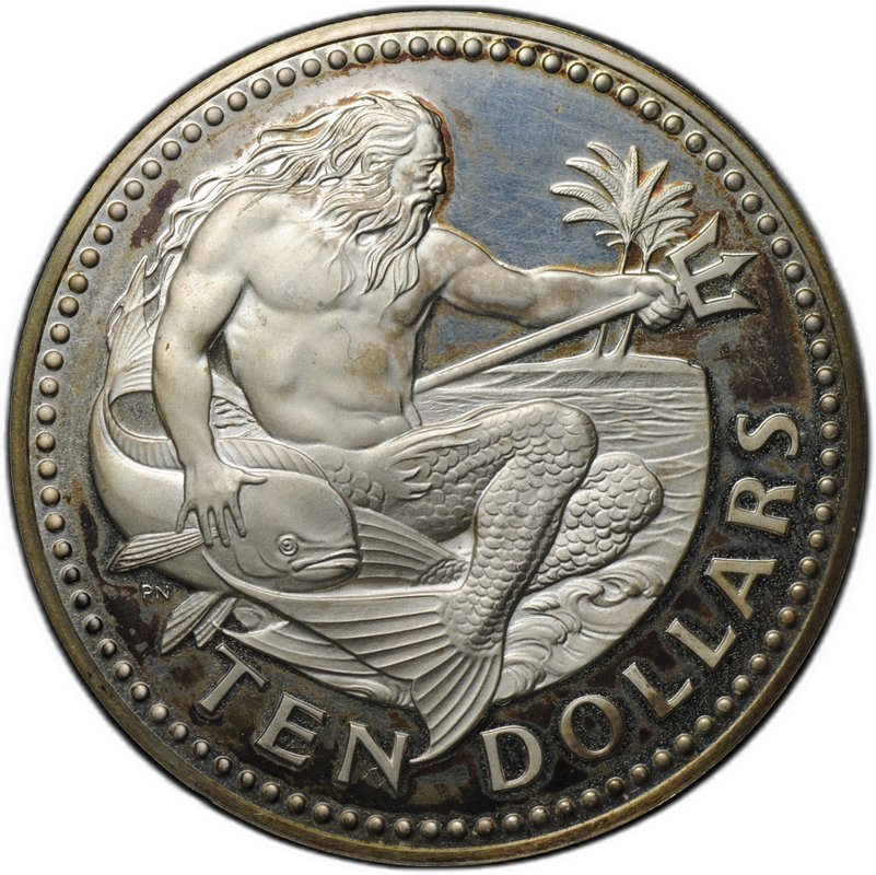 Монета 10 долларов 1974 серебро Нептун Барбадос