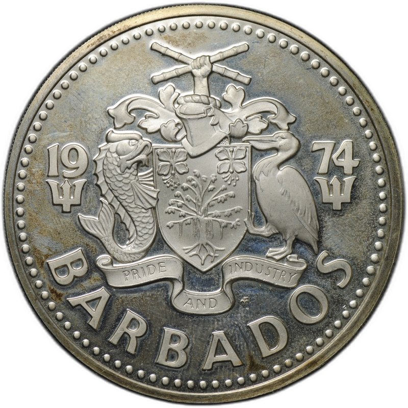 Монета 10 долларов 1974 серебро Нептун Барбадос