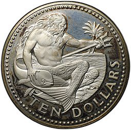 фото для Монета 10 долларов 1974 серебро Нептун Барбадос Аверс