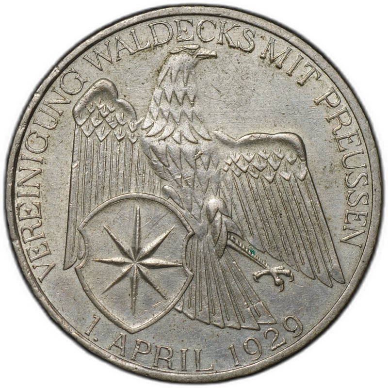 Монета 3 рейхсмарки (марки) 1929 Объединение Вальдека и Пруссии Германия