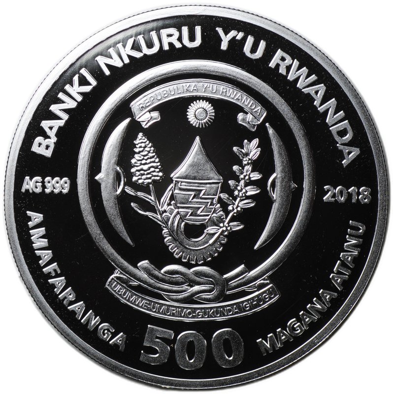 Монета 500 франков 2018 Год собаки Руанда