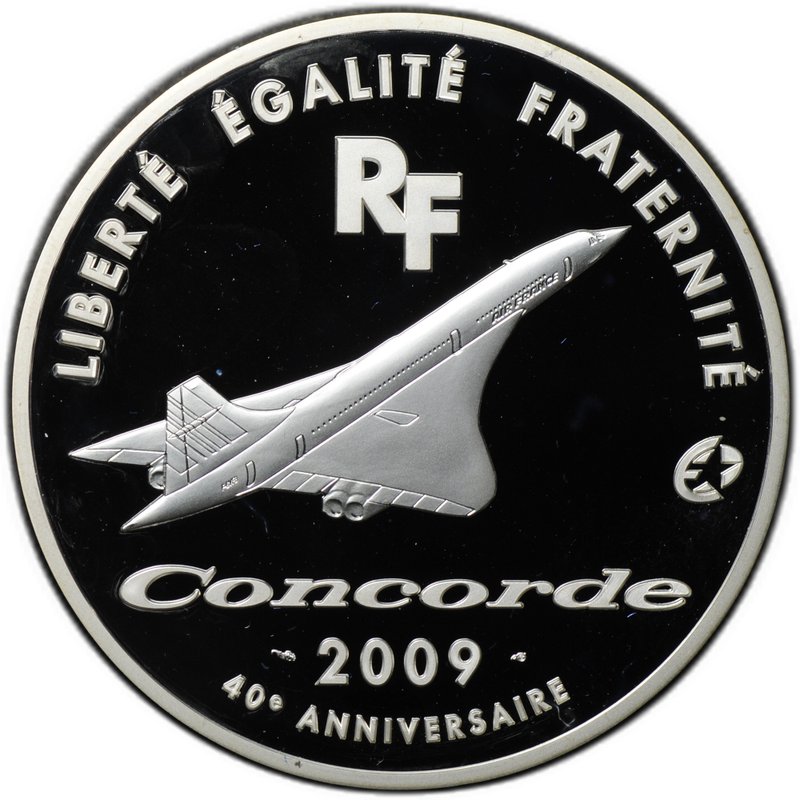 Монета 50 евро 2009 40 лет самолету Конкорд серебро Франция