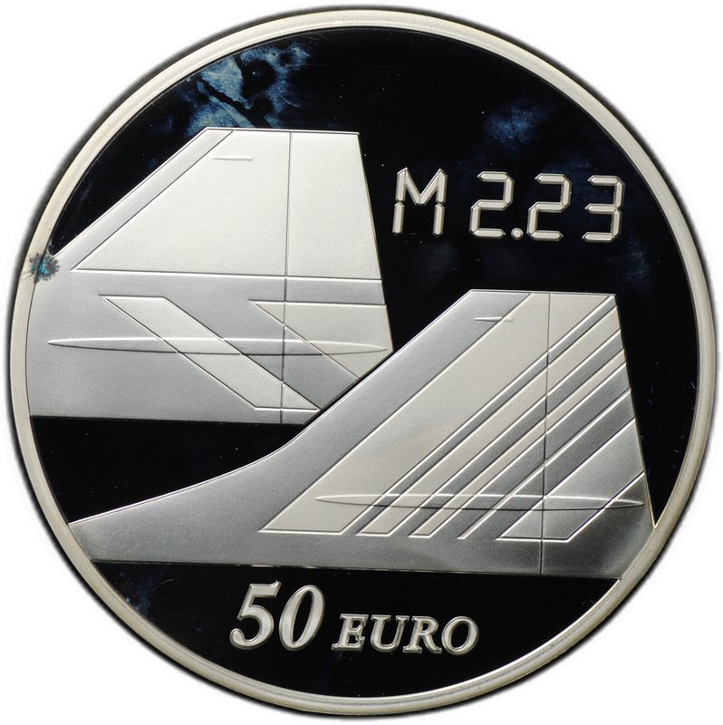 Монета 50 евро 2009 40 лет самолету Конкорд серебро Франция