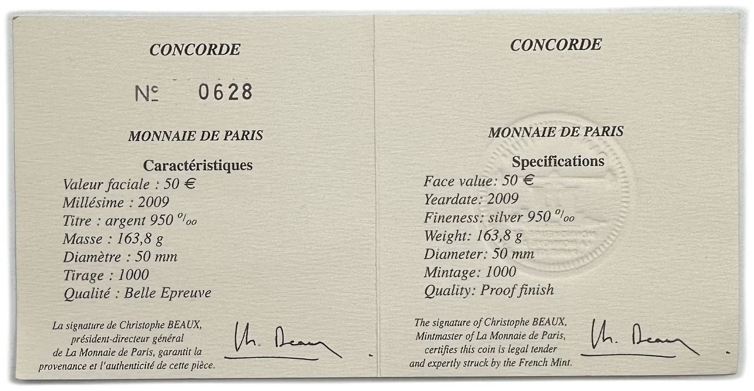 Монета 50 евро 2009 40 лет самолету Конкорд серебро Франция