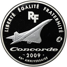 фото для Монета 50 евро 2009 40 лет самолету Конкорд серебро Франция Аверс