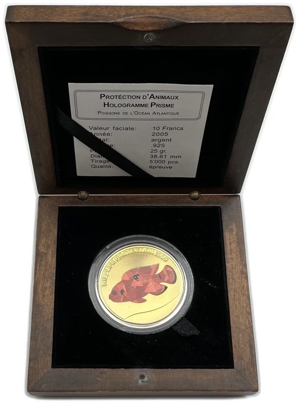 Монета 10 франков 2005 Тихоокеанский клювач рыба Охрана природы Конго