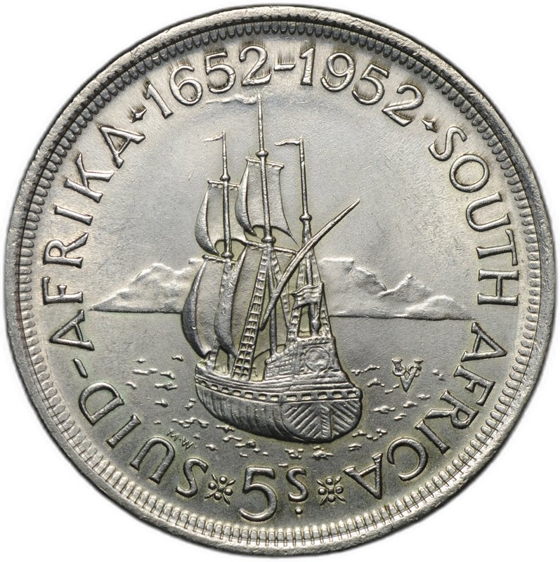 Монета 5 шиллингов 1952 300 лет основанию Кейптауна ЮАР