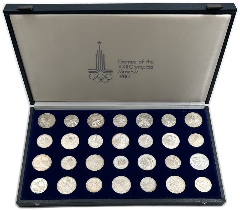 Набор 5, 10 рублей 1977-1980 Олимпиада 80 Москва серебро PROOF 28 монет в синей коробке