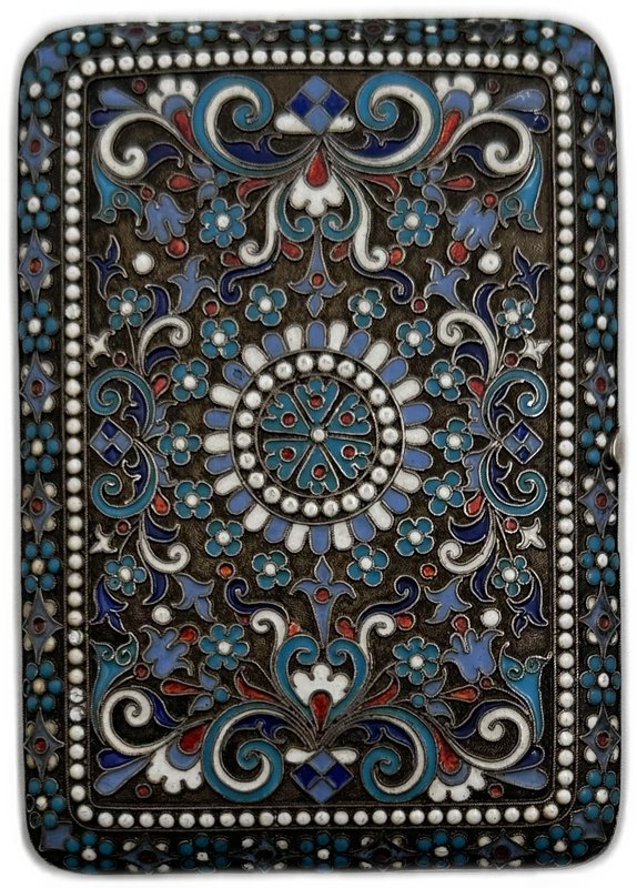 Серебряный портсигар с растительным орнаментом и 5-ю эмалями серебро 84 пробы клеймо С. Назаров 155 грамм