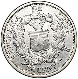 фото для Монета 20 сентаво 1866 Чили Аверс