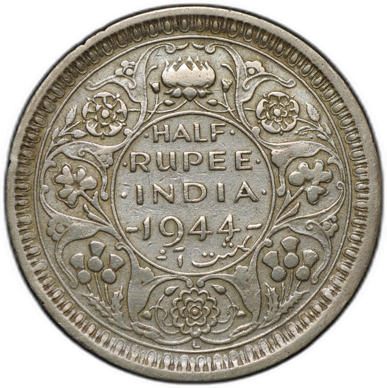 Монета 1/2 рупии 1944 L Лахор Британская Индия