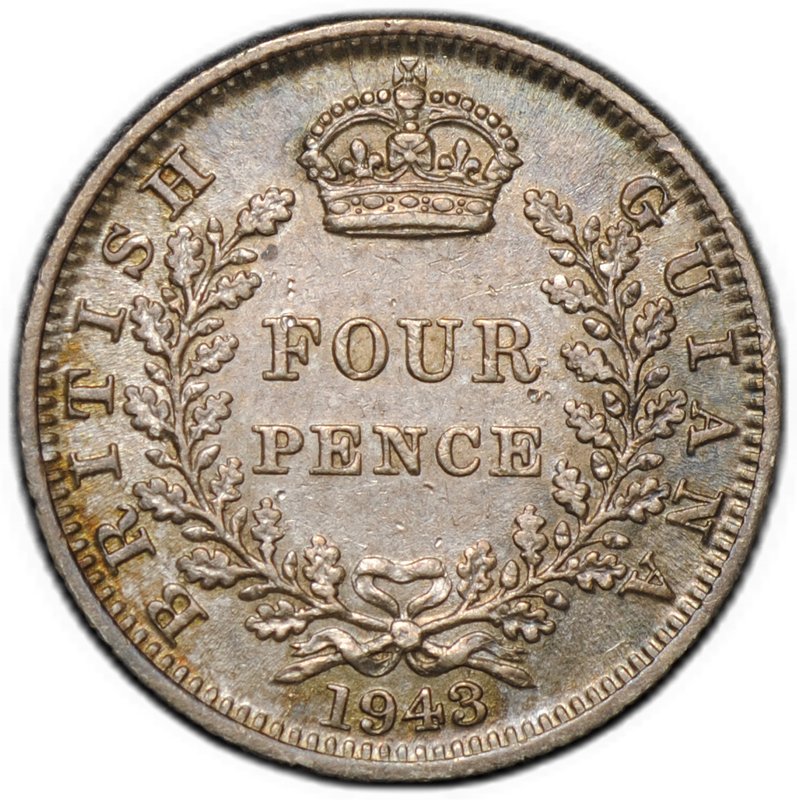 Монета 4 пенса 1943 Британская Гвиана