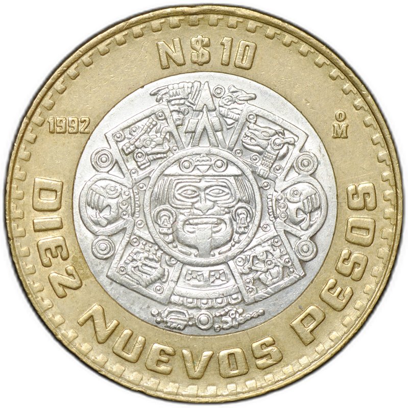 Монета 10 новых песо 1992 Мексика