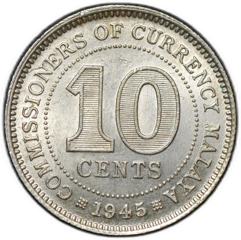 Монета 10 центов 1945 Британская Малайя