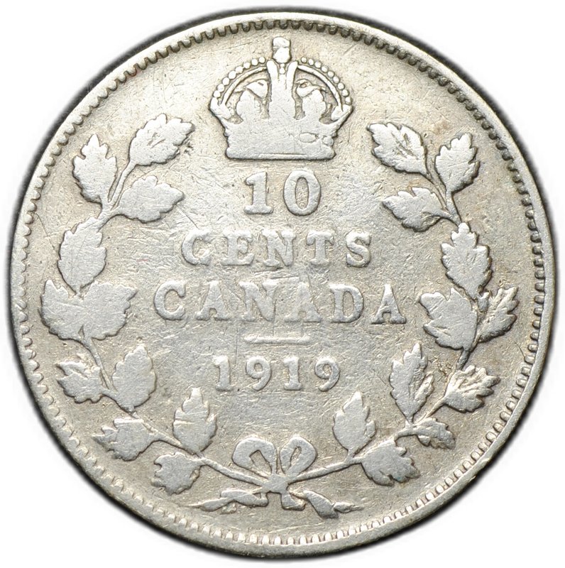 Монета 10 центов 1919 Канада