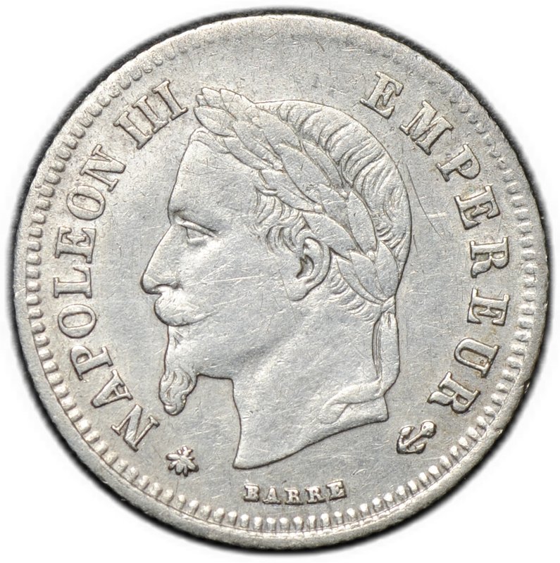 Монета 20 сантимов 1866 A Франция