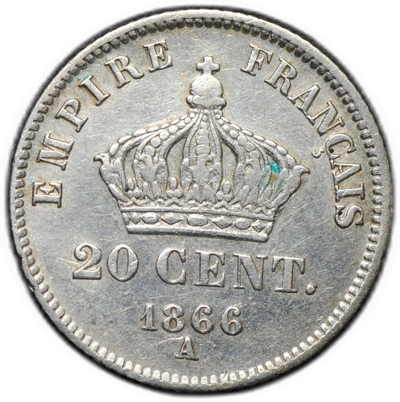 Монета 20 сантимов 1866 A Франция