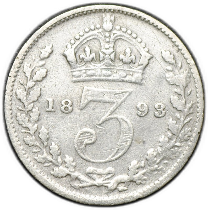 Монета 3 пенса 1893 новый тип Великобритания