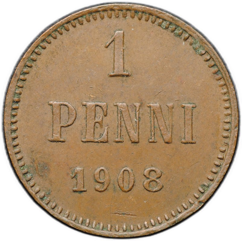 Монета 1 пенни 1908 Русская Финляндия