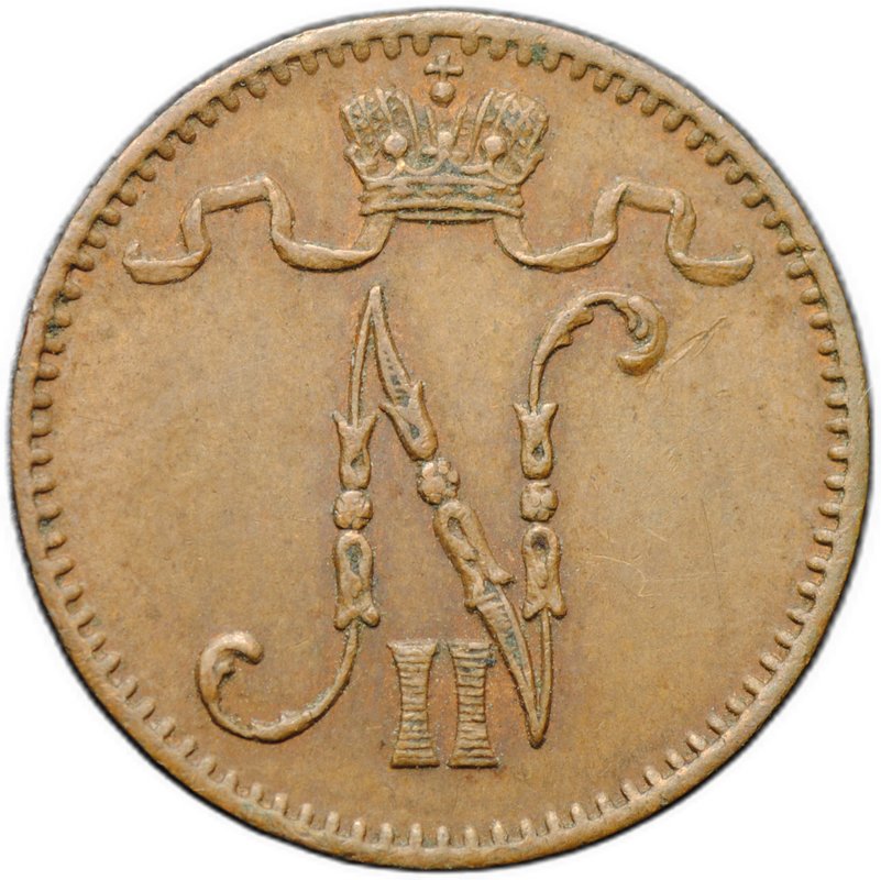 Монета 1 пенни 1908 Русская Финляндия