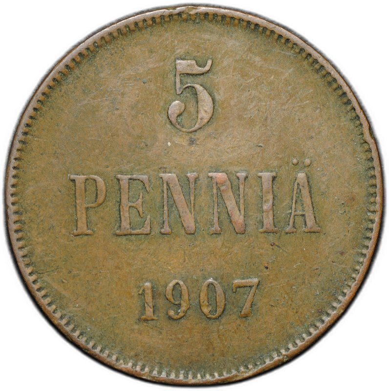 Монета 5 пенни 1907 Русская Финляндия