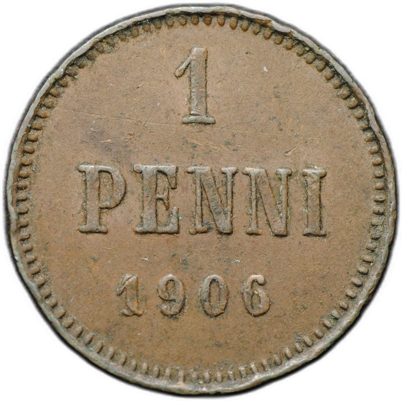 Монета 1 пенни 1906 Русская Финляндия