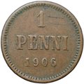 Монета 1 пенни 1906 Русская Финляндия