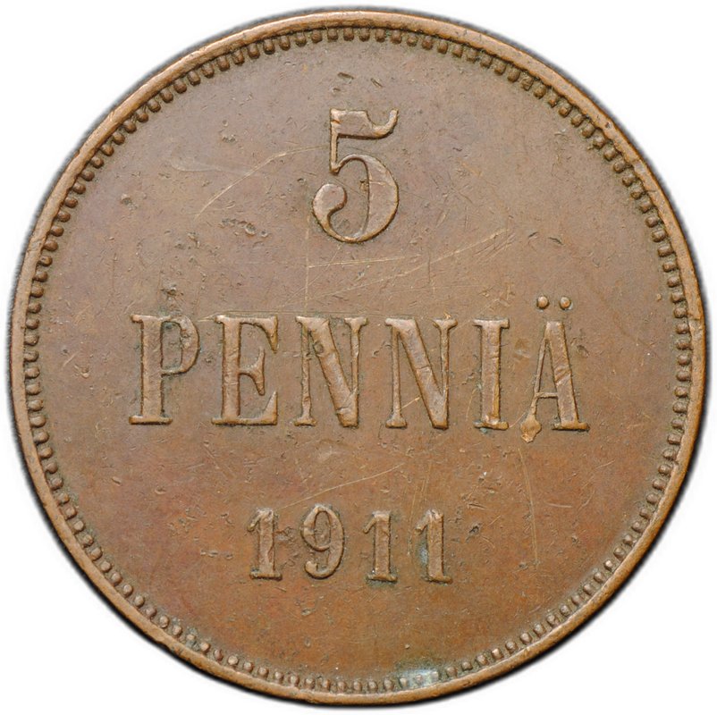 Монета 5 пенни 1911 Русская Финляндия