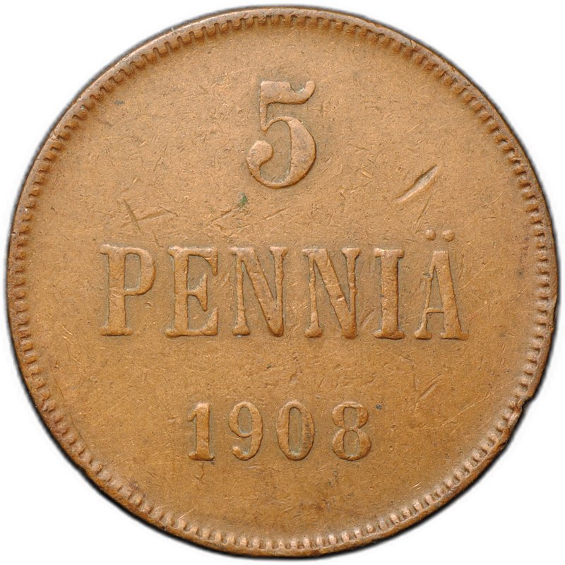 Монета 5 пенни 1908 Русская Финляндия