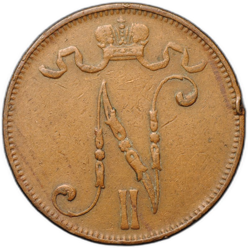 Монета 5 пенни 1908 Русская Финляндия