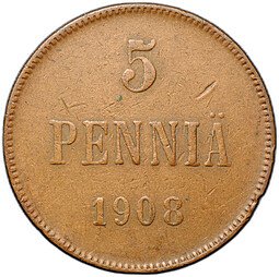 фото для Монета 5 пенни 1908 Русская Финляндия Аверс