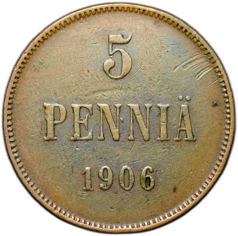 Монета 5 пенни 1906 Русская Финляндия