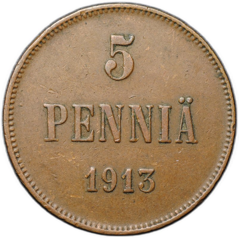 Монета 5 пенни 1913 Русская Финляндия