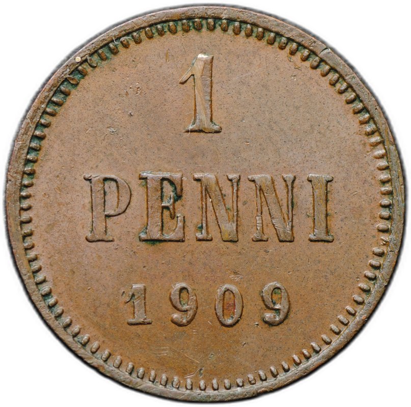 Монета 1 пенни 1909 Русская Финляндия