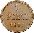 Монета 1 пенни 1909 Русская Финляндия
