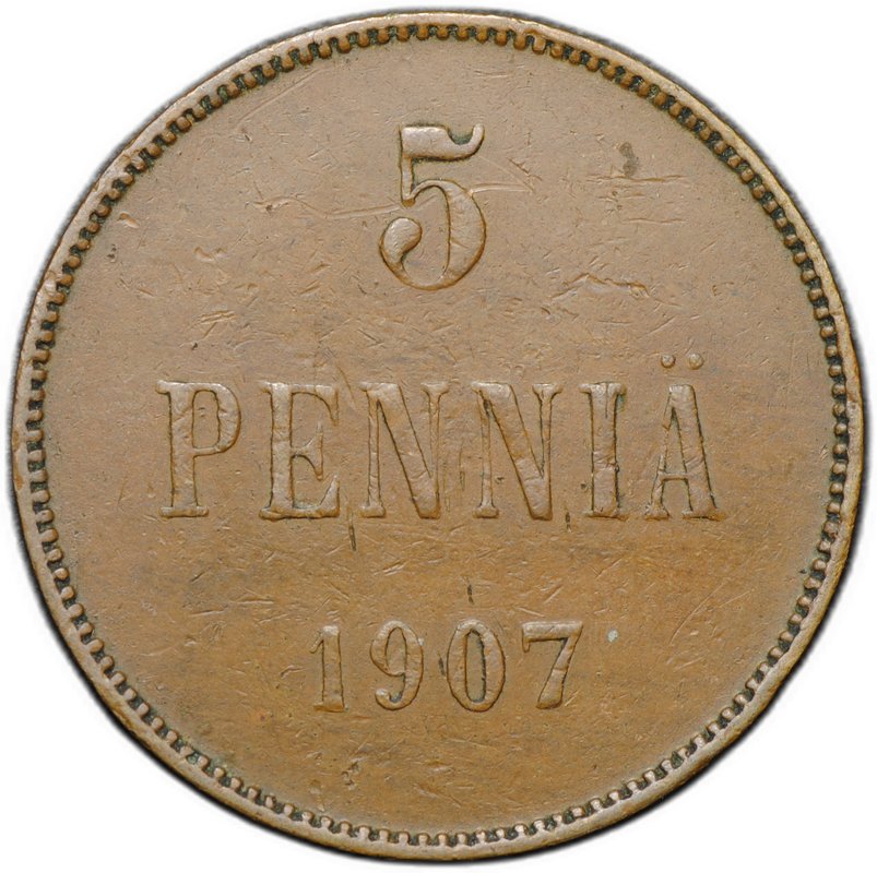 Монета 5 пенни 1907 Русская Финляндия