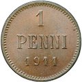 Монета 1 пенни 1911 Русская Финляндия