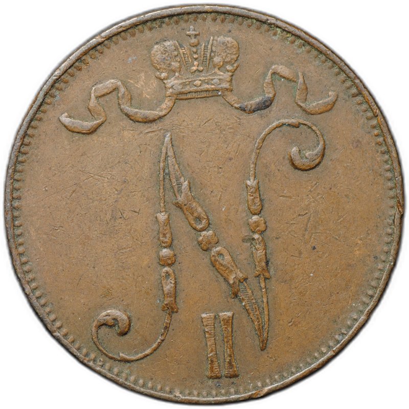Монета 5 пенни 1908 Русская Финляндия