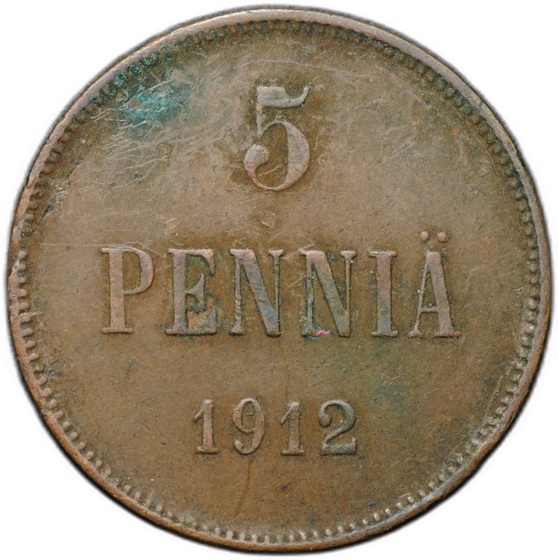 Монета 5 пенни 1912 Русская Финляндия
