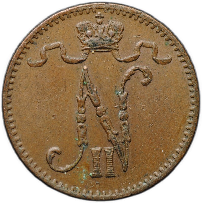 Монета 1 пенни 1908 Русская Финляндия