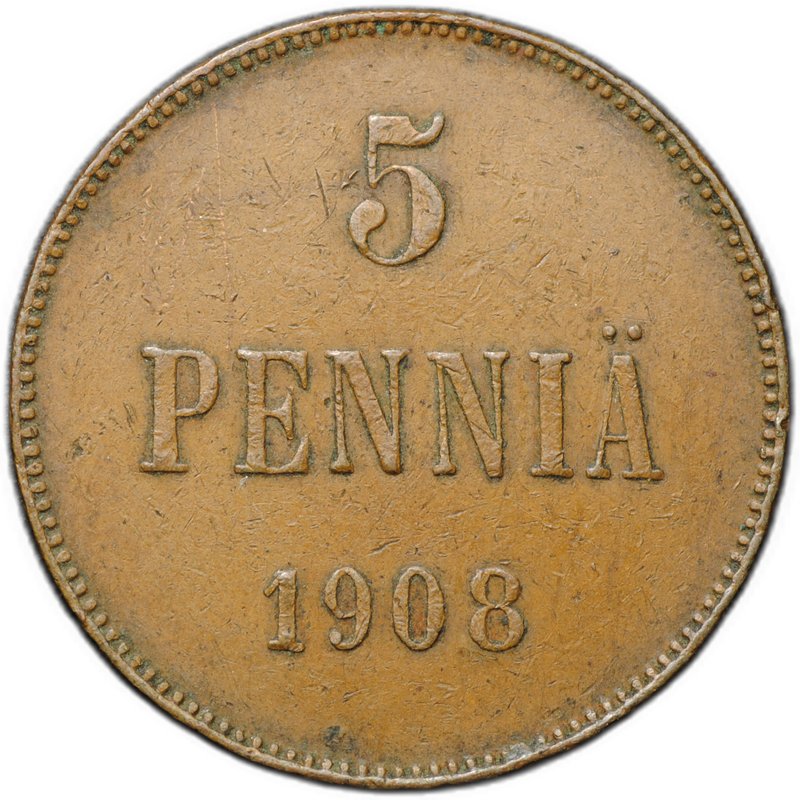 Монета 5 пенни 1908 Русская Финляндия